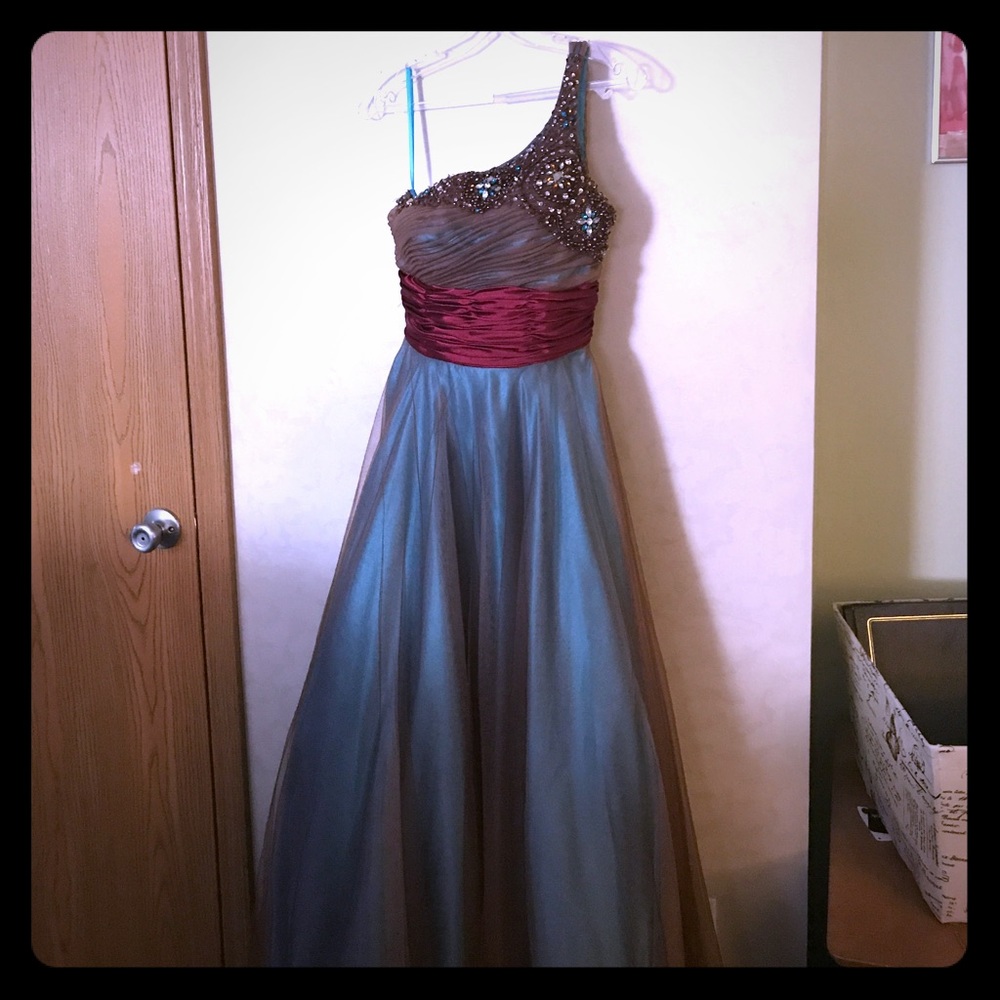 Blue and red prom dress with rhinestone top