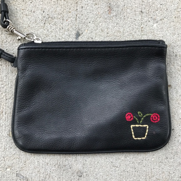 Fossil Handbags - Fossil Black Leather Wristlet Embroidered Flower