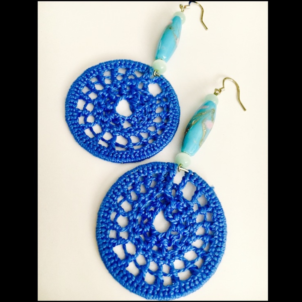 Blue Crochet & Beaded Hoop Earrings