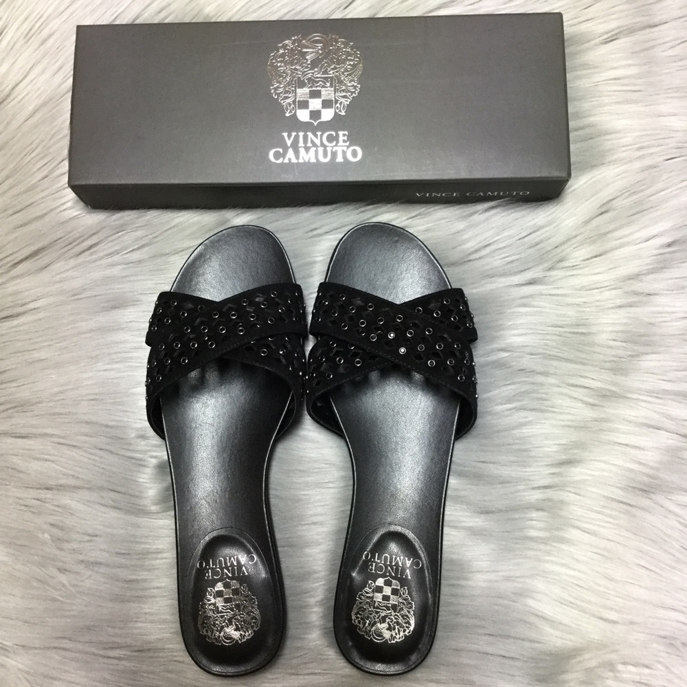 NWT Vince Camuto Black Leather Studded Flat Sandal