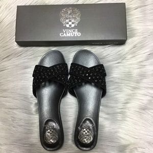 NWT Vince Camuto Black Leather Studded Flat Sandal