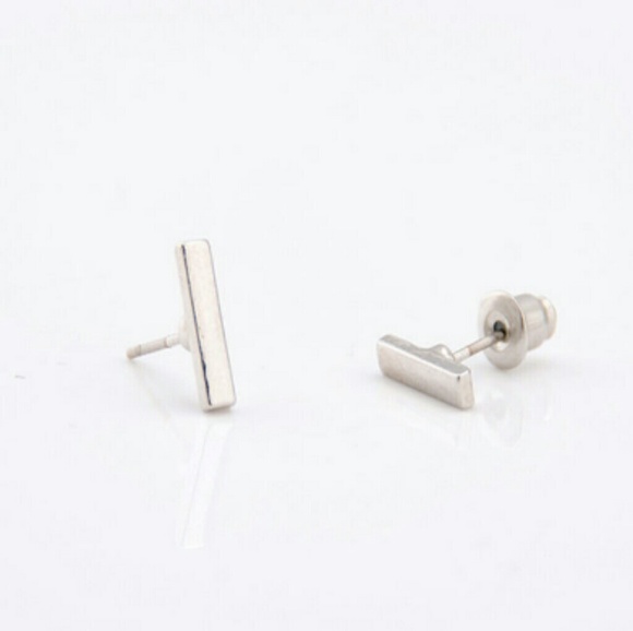  Silver Plated Tiny Bar Stud Earrings - Picture 2 of 5
