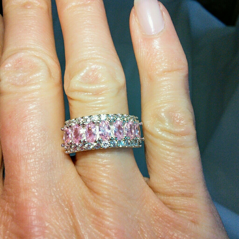 White Gold Plated Pink Sapphire and CZ Ring