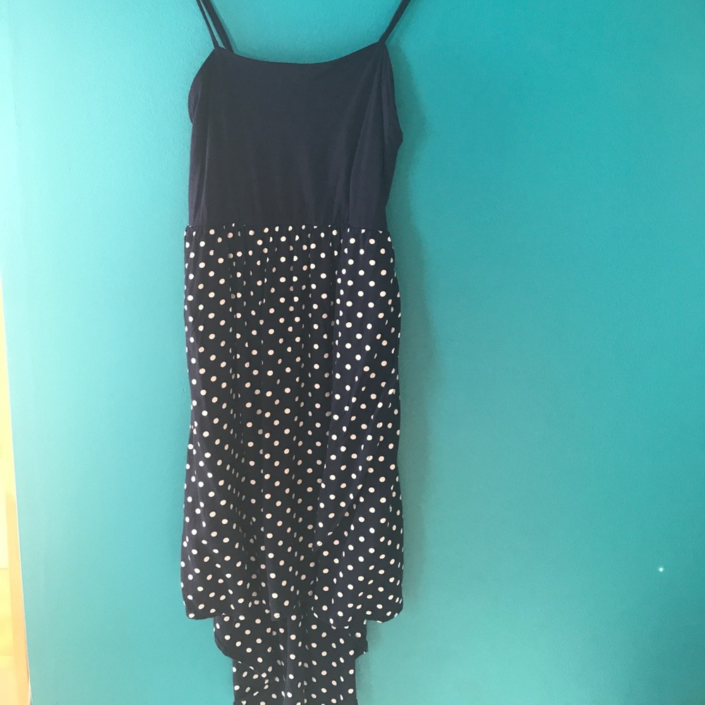 High low navy and white polkadot dress