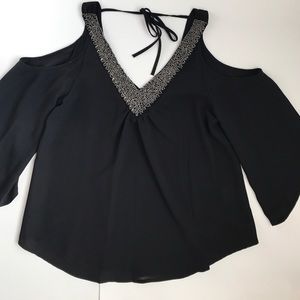 Black quarter- sleeve open shoulder & gold accent