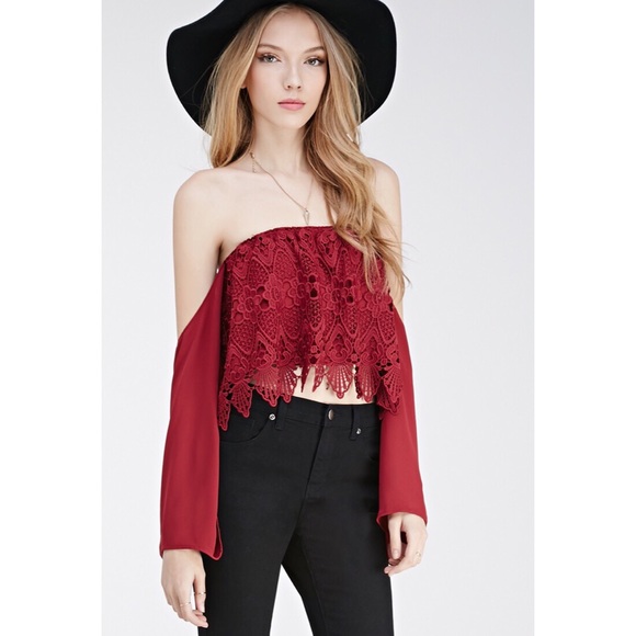 Forever 21 Red Off-the-shoulder Crochet Crop Top - Picture 2 of 4