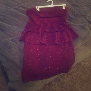 Strapless maroon sparkly peplum dress