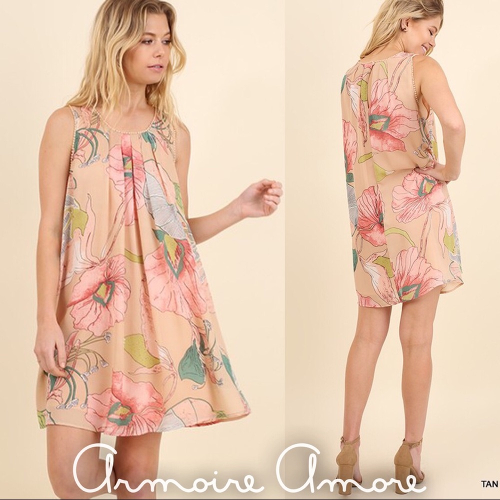 Peach Floral Sleeveless Dress