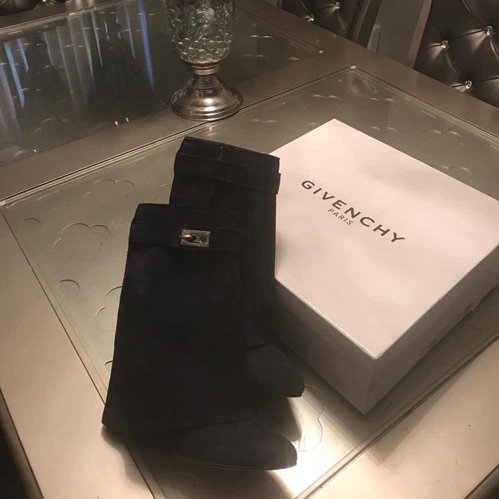 Givenchy Navy Suede Shark lock boots