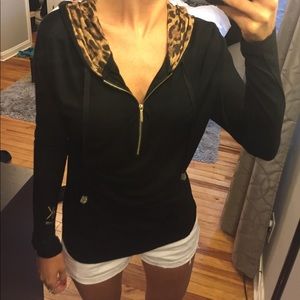 Black lightweight half zip with leopard hood