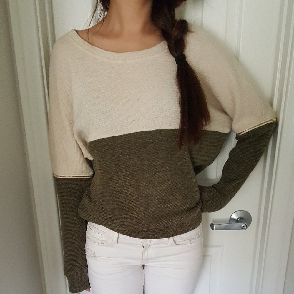 Cream & Olive Green 2 Tone Knit Sweater