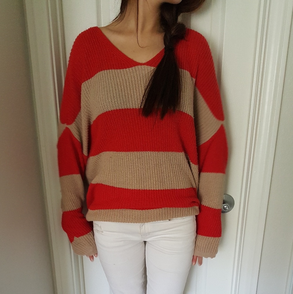 Red & Tan Striped Knit Sweater