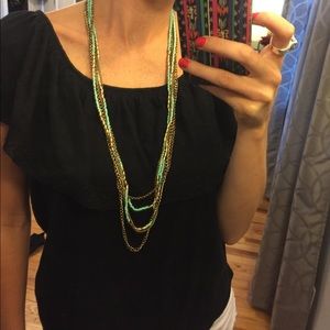 Gold and turquoise long layered necklace