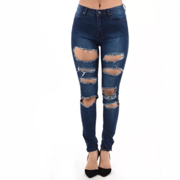  Plus High Waist Skinny Jeans Destroyed Ripped - Picture 2 of 5