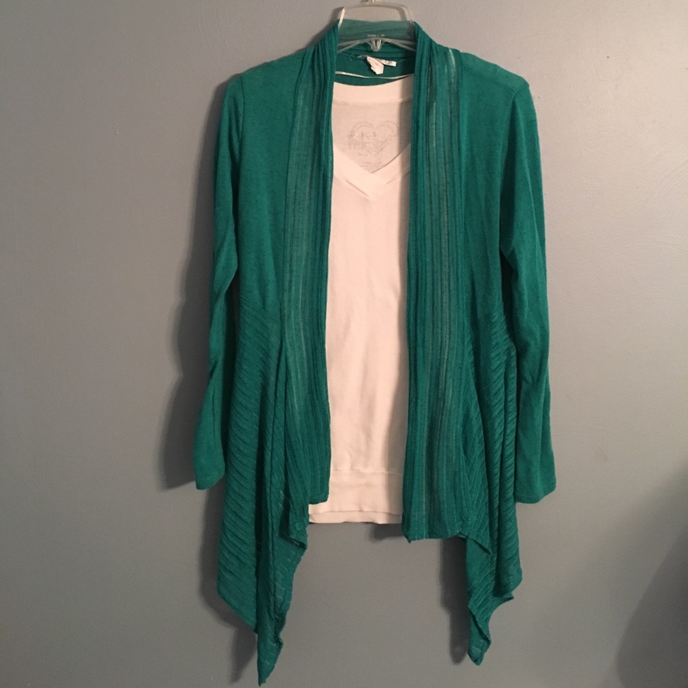 Long green open front Cardigan
