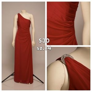 One shoulder red gown