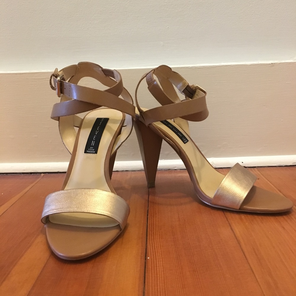 Strappy 4" metallic-nude heels