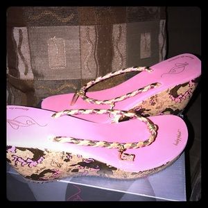 Baby Phat cork flower wedges