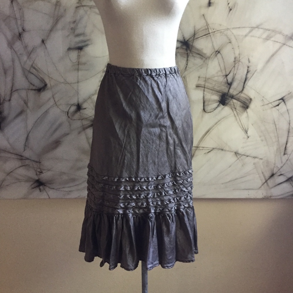 CP Shades Gray Green Hemp Silk Satin Ruffled Skirt