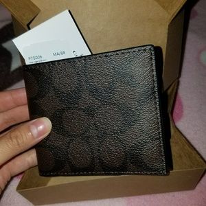 New COACH dark brown signature leather wallet men