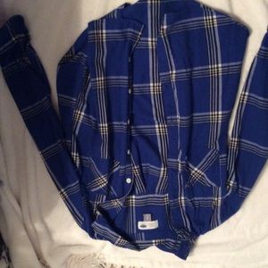 Blue black and white plaid button down