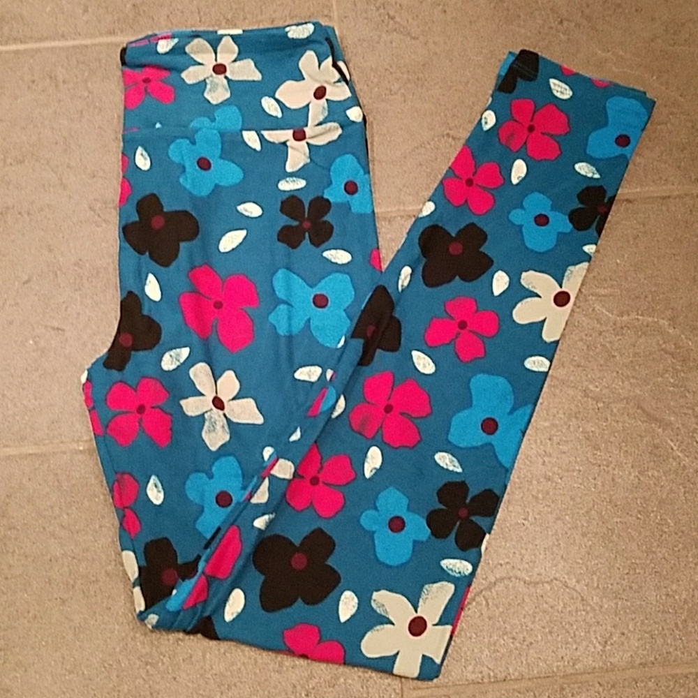 LuLaRoe Teal, Blue, and Pink Flower OS Leggings