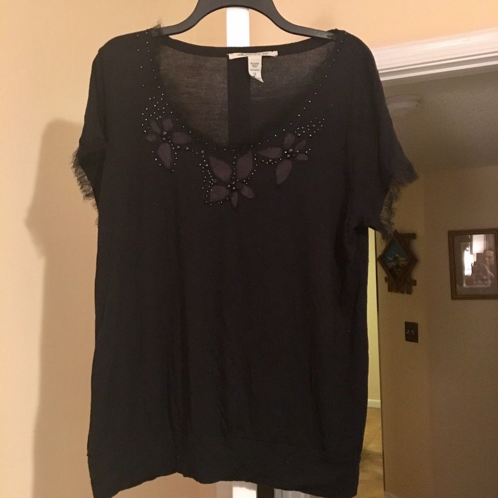 AMERICAN RAG CIE, BlackBeaded Floral Shirt, 1X