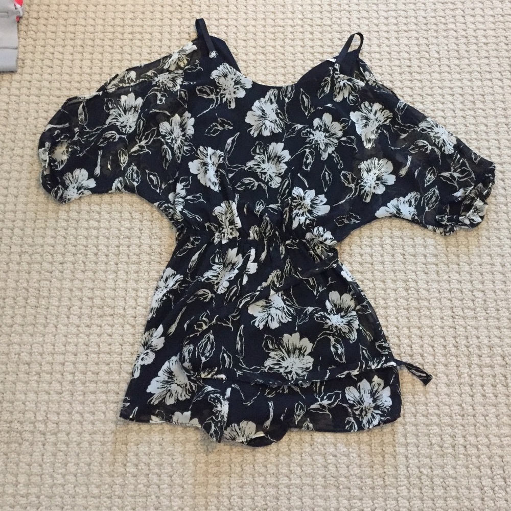 White and Black Floral Cold Shoulder Romper