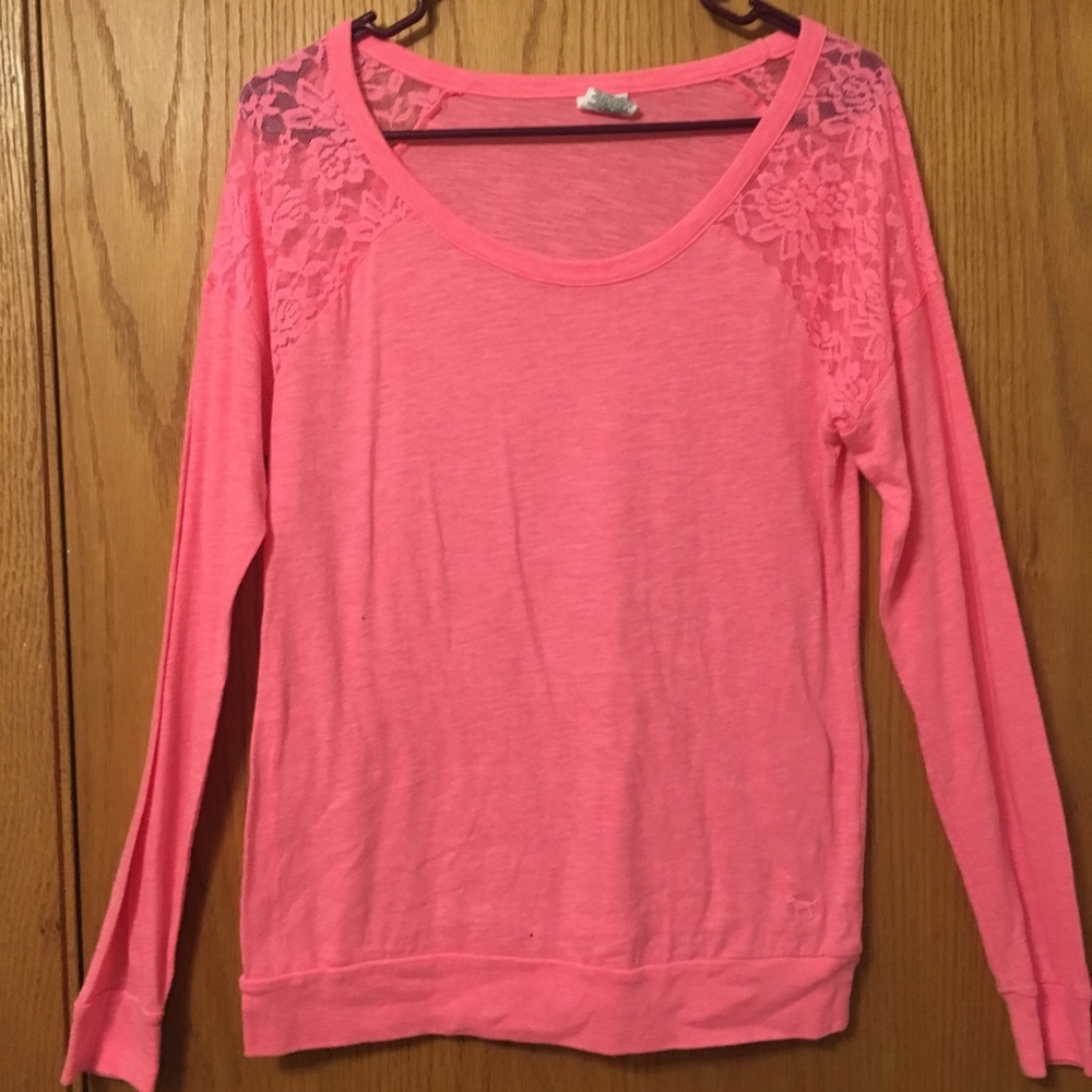 Pink long sleeve shirt with lace shoulders
