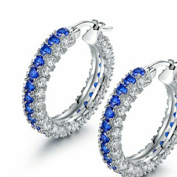 18k Sapphire Swarovski 3 row hoop earrings - Picture 2 of 8