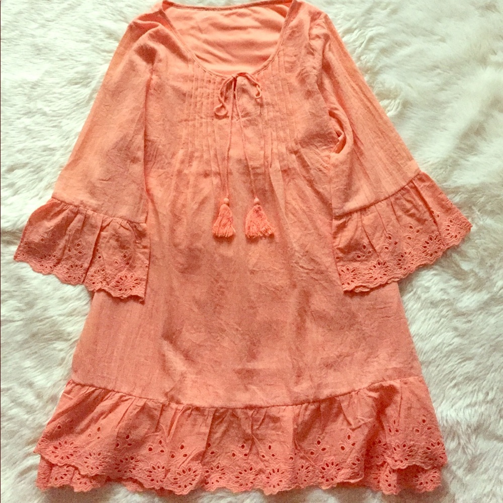 Coral Crochet Bell Sleeve Dress - Picture 2 of 6