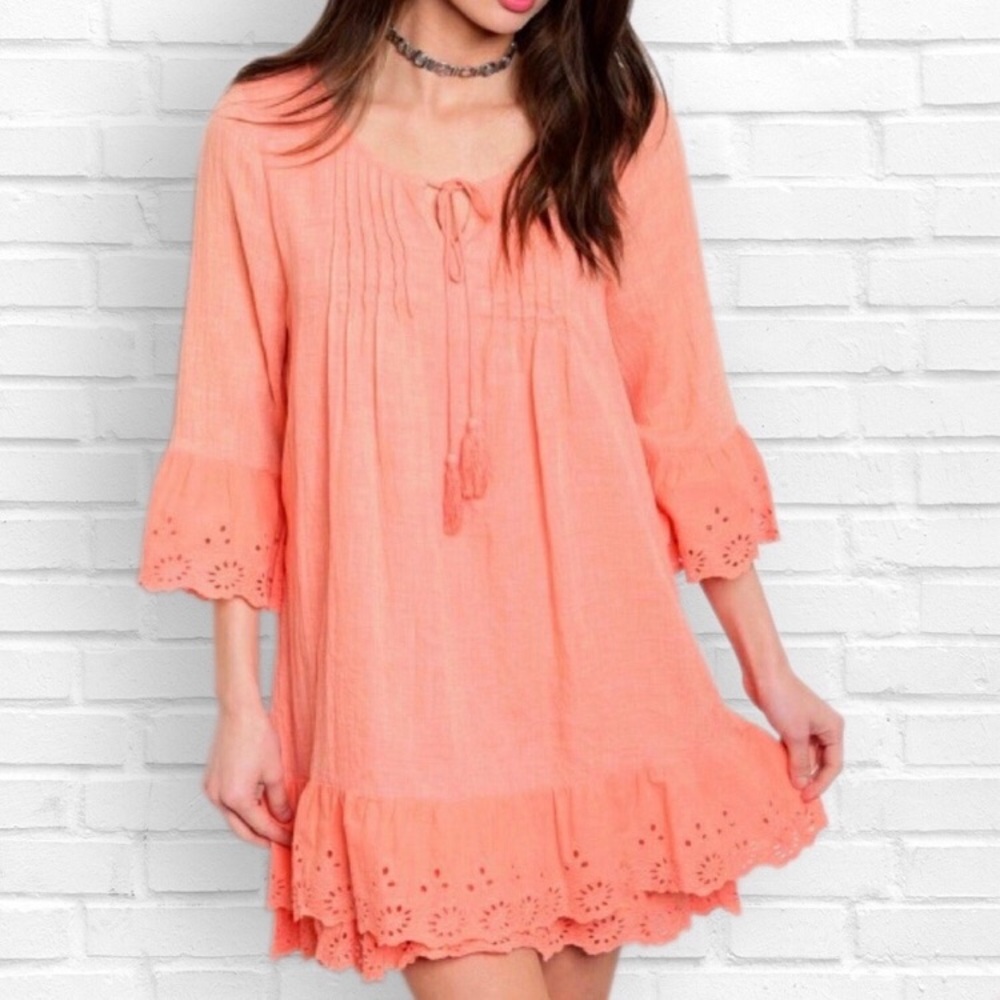 Coral Crochet Bell Sleeve Dress