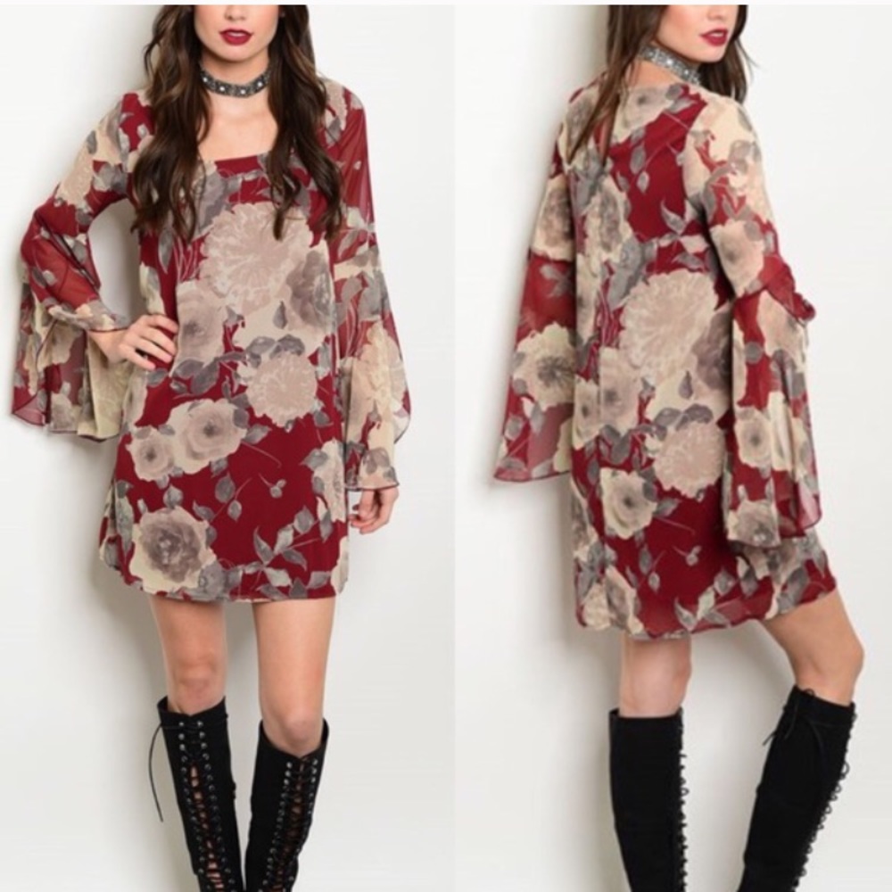 Burgundy floral dress.  Bell sleeves And gorgeous!