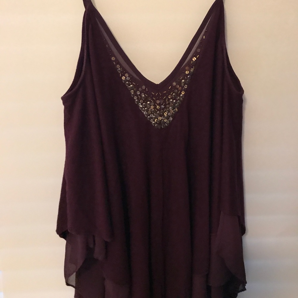 Purple tank with gold sequence neckline accent