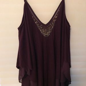 Purple tank with gold sequence neckline accent