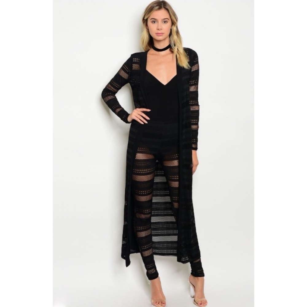 Black Long Sleeve Mesh Cardigan Duster - Picture 2 of 4