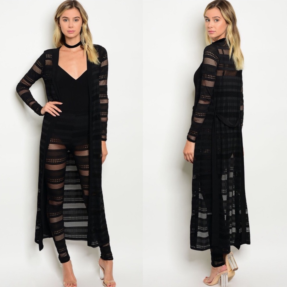 Black Long Sleeve Mesh Cardigan Duster - Picture 3 of 4