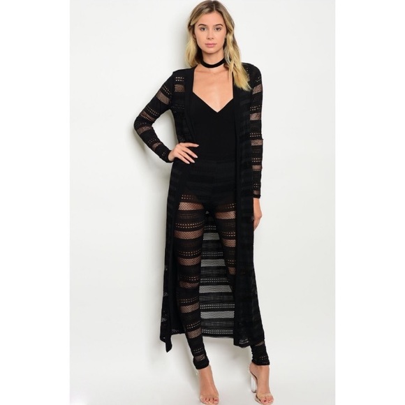 Black Long Sleeve Mesh Cardigan Duster - Picture 2 of 4