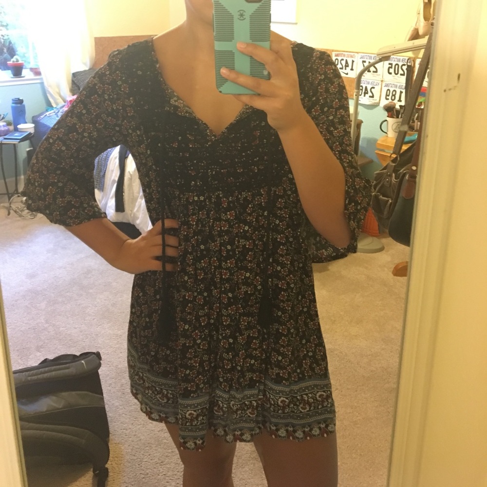 Black, floral print shift dress