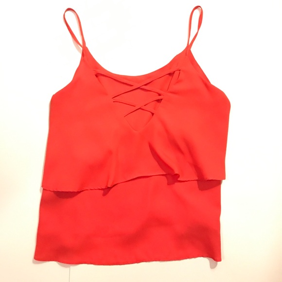 Double layer red/orange solid cross knit back tank - Picture 3 of 4