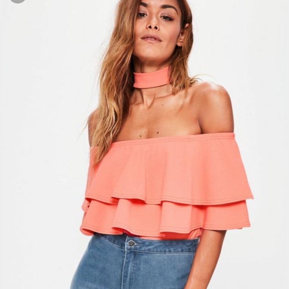 Missguided frill bardot tab neck bodysuit