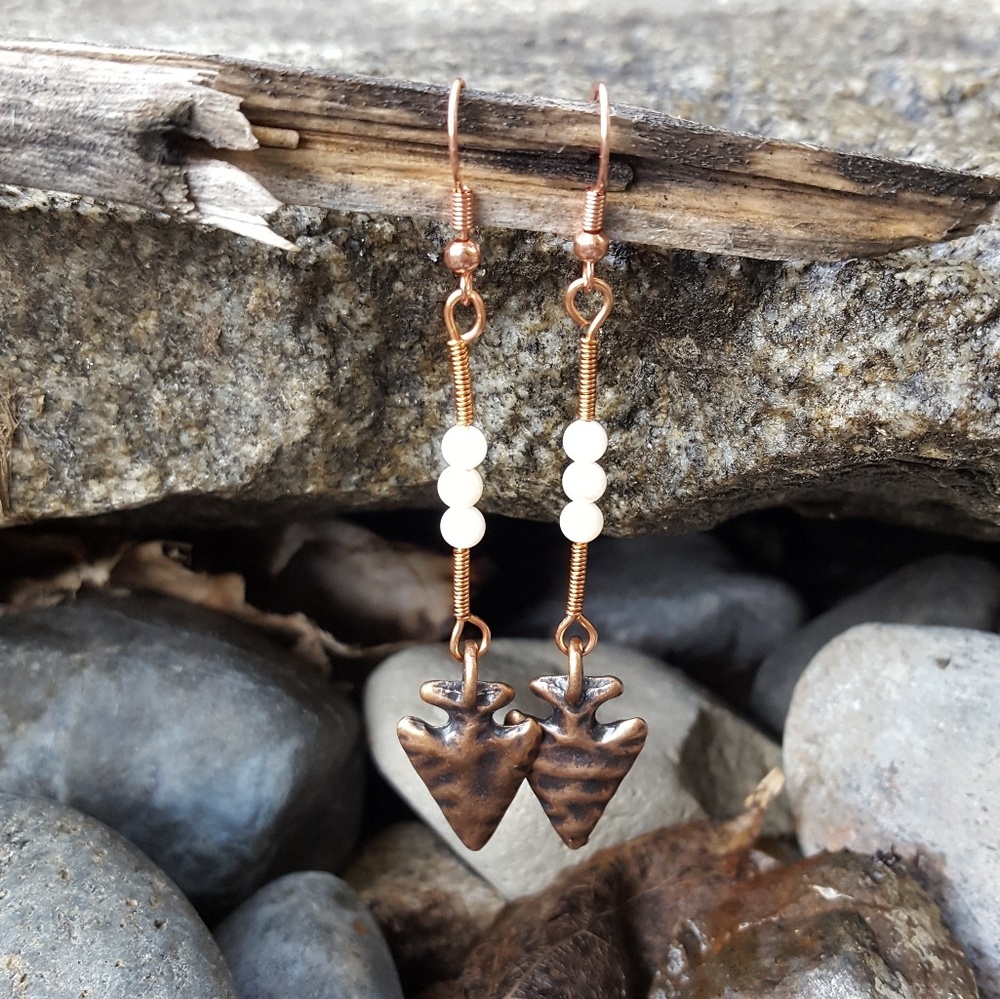Copper Wire Wrapped Arrowhead Earrings