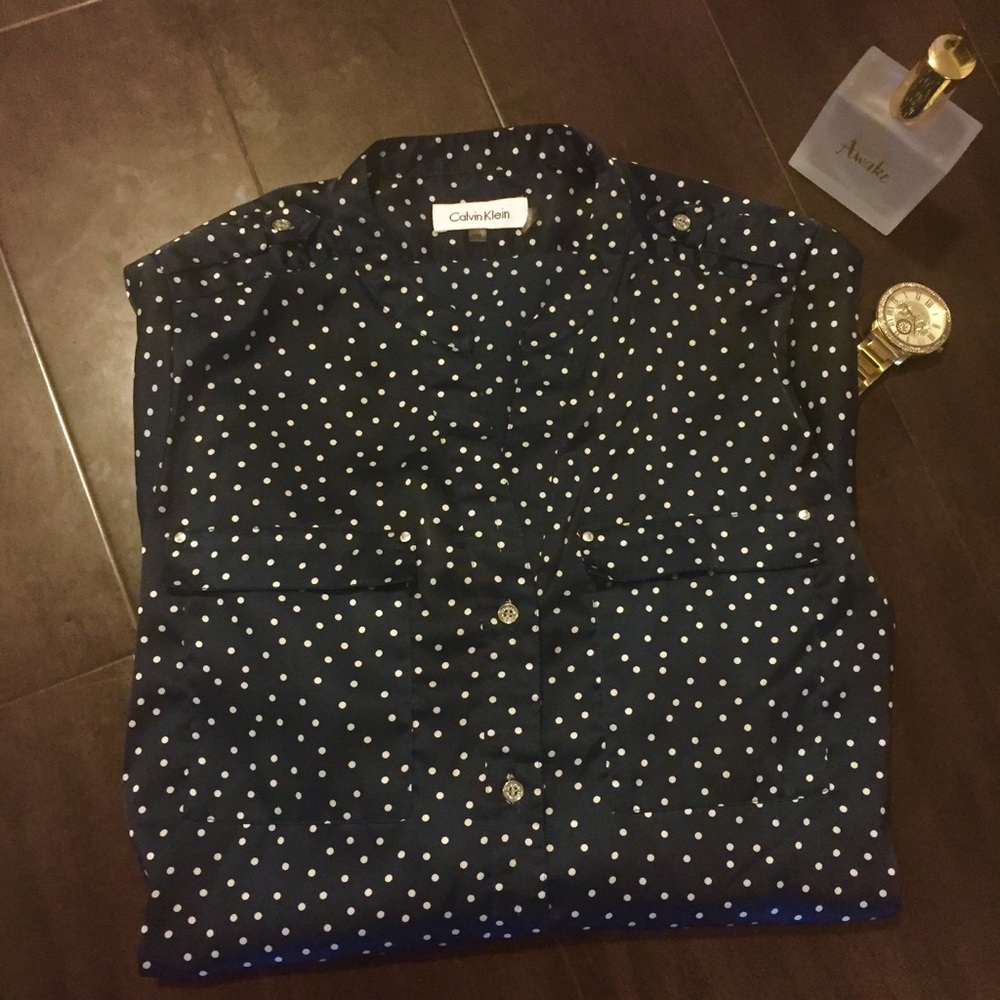 SOLD Calvin Klein navy polka dot blouse!