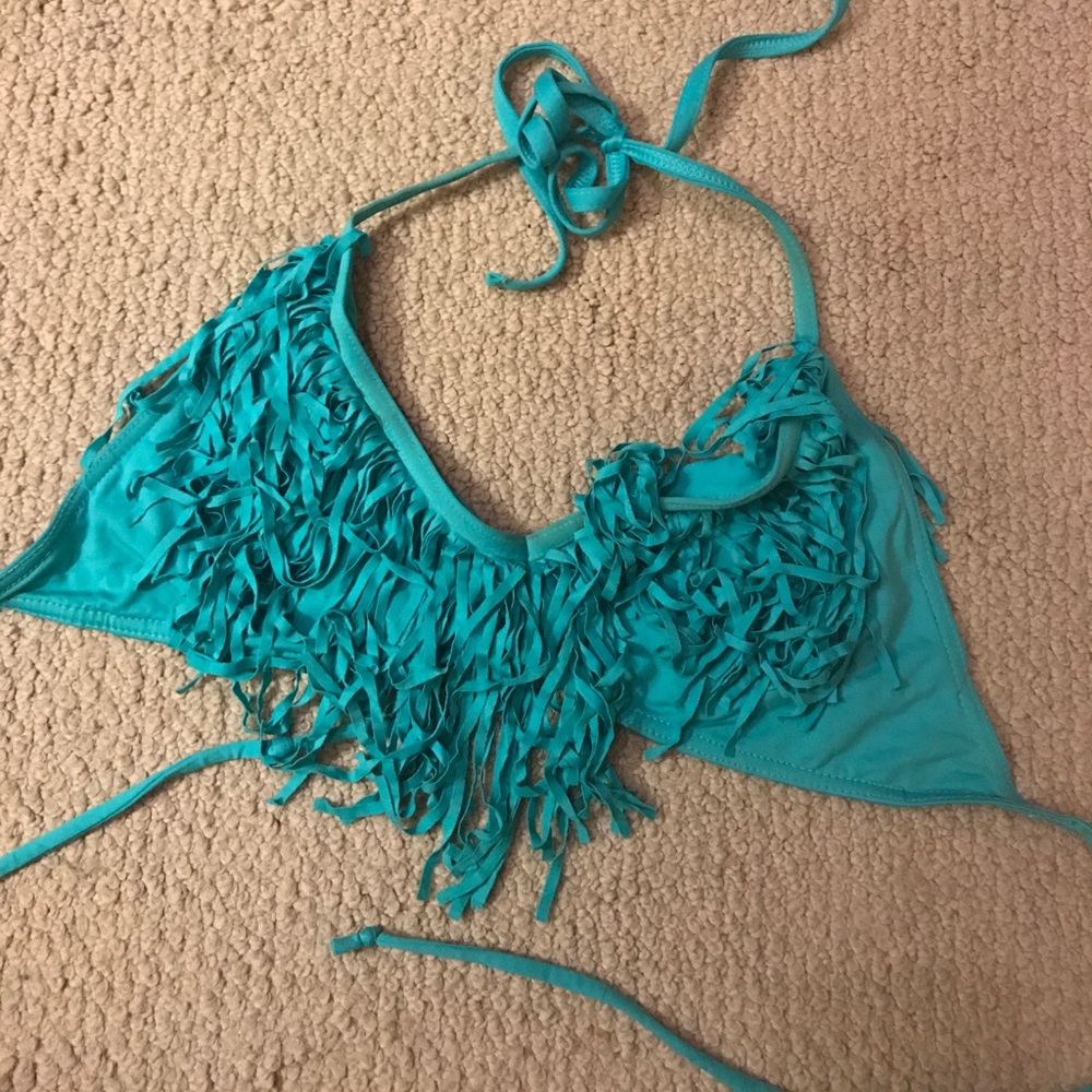 Teal fringe swim top