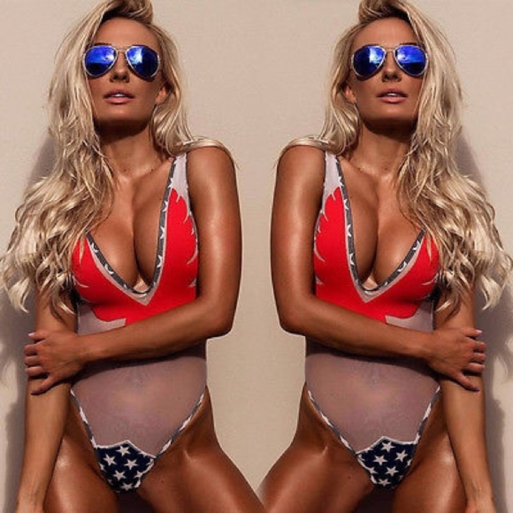 White & Red Multicolor Thong Monokini Swimsuit