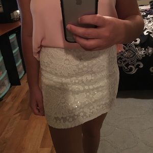 White Mini-Pencil Skirt w/ Floral + Sequins detail