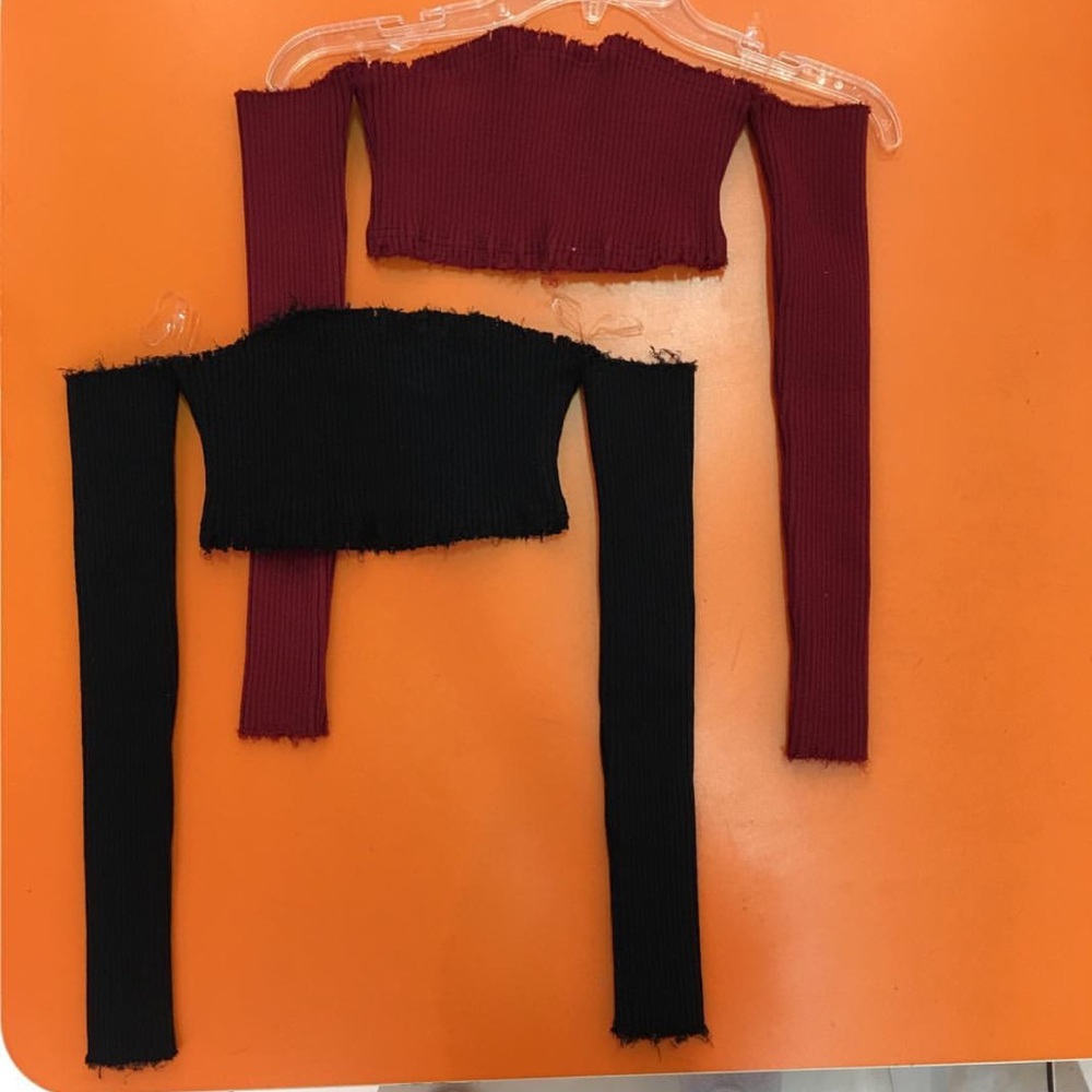 Off the Shoulder Long Sleeve Crop - Burgundy - Picture 2 of 6