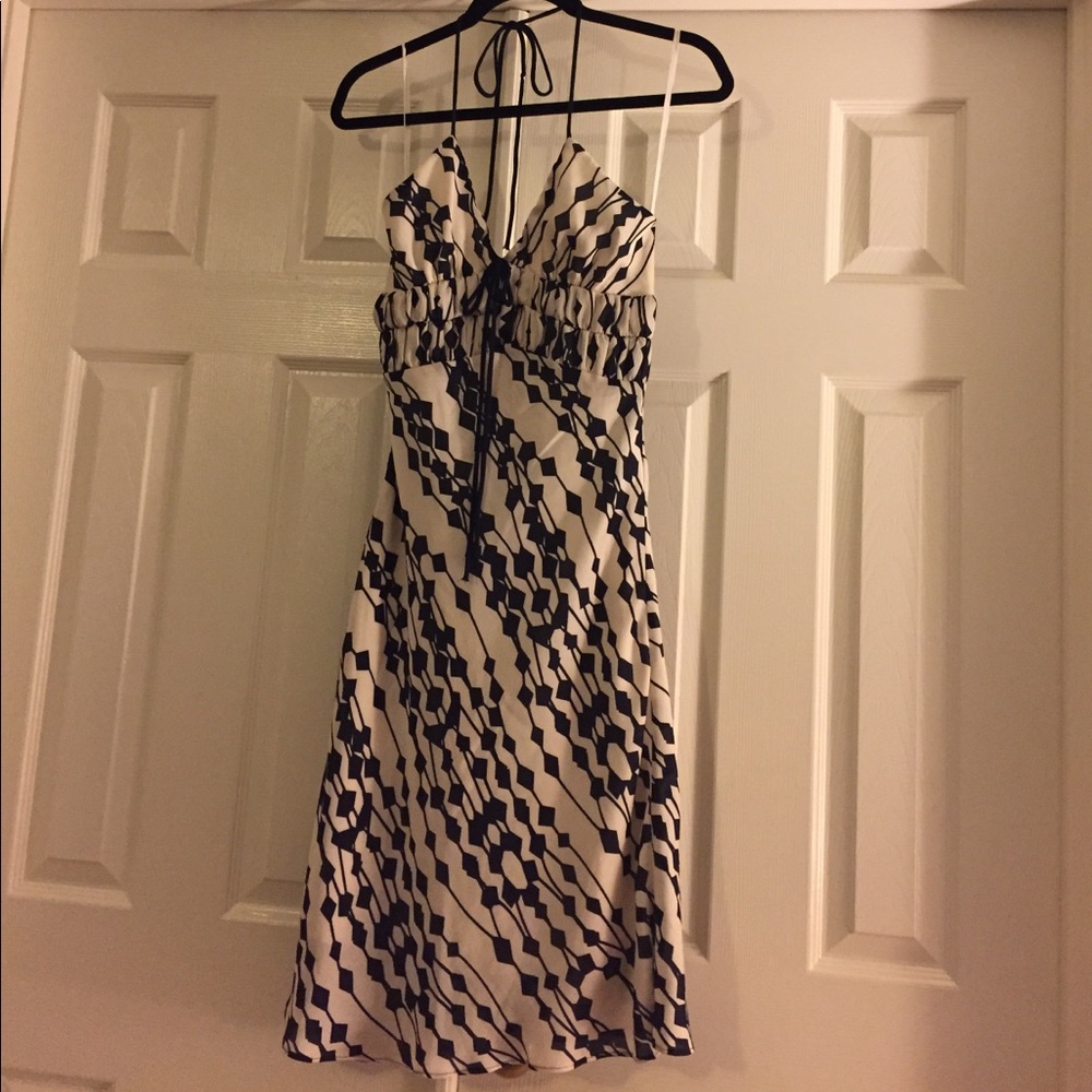 Halter neck empire waist dress in cream with blue