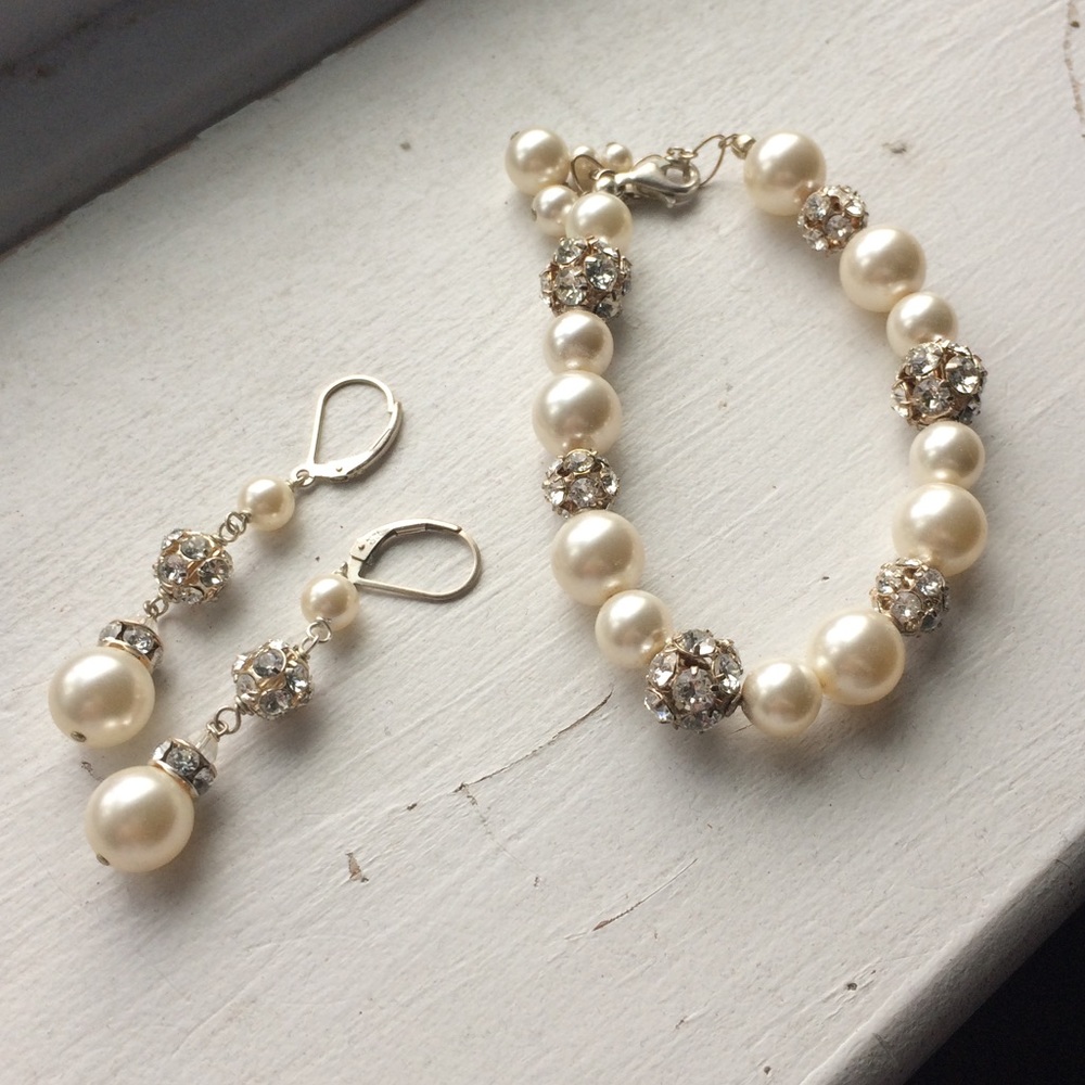 Jewelry Set Earrings Bracelet Pearls Silver