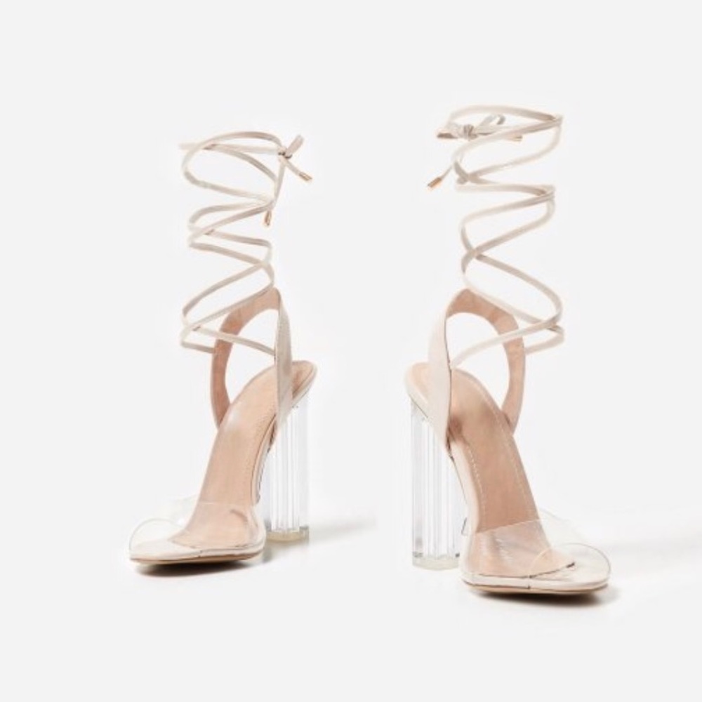 Ego official lace up Perspex heel in nude Patent